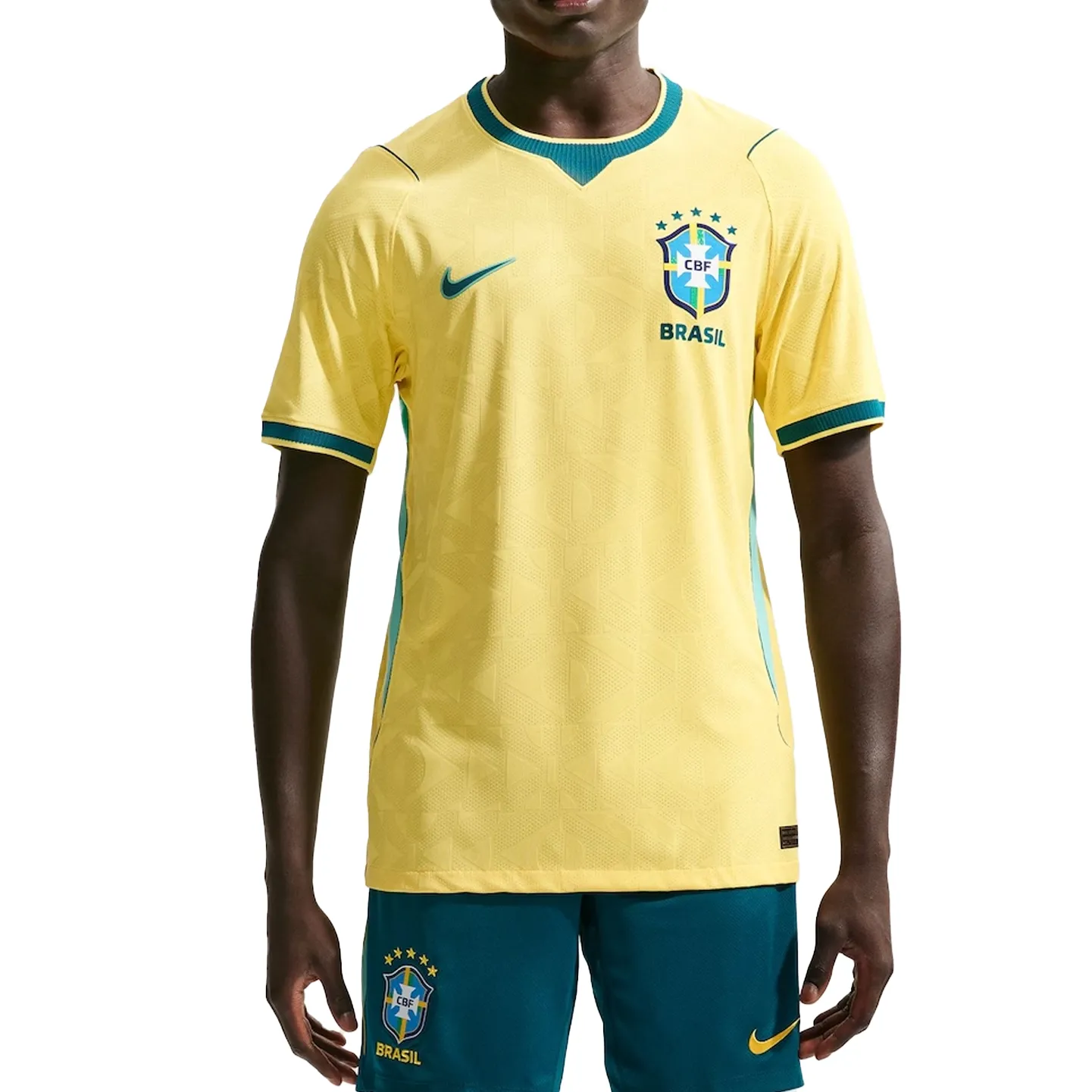 Camisa esportiva masculina Nike amarela com detalhes verde e azul, vista frontal